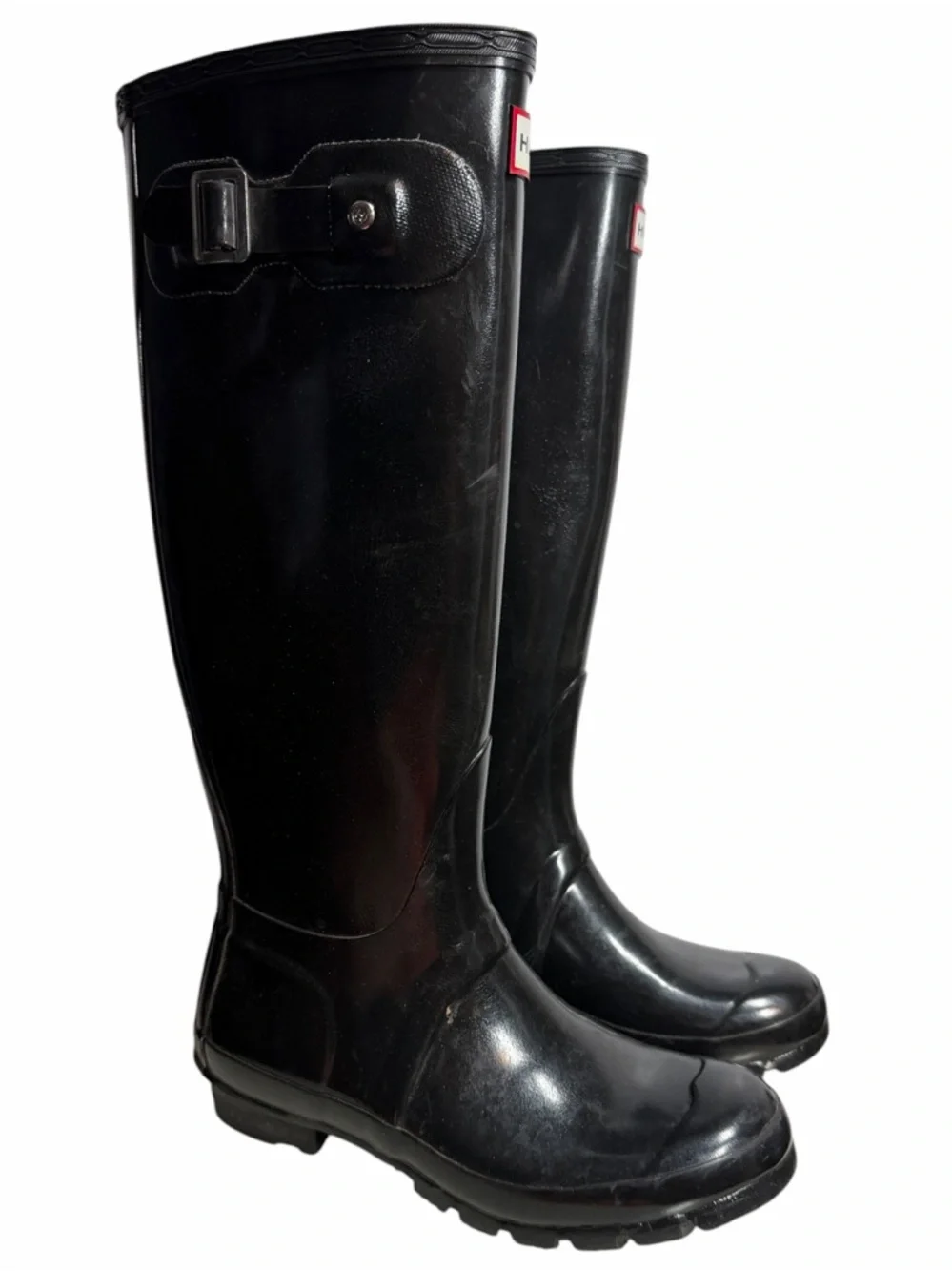 Hunter Gloss Black Knee-High Rain Boots with Side Buckle - Women’s Size 6